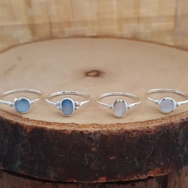 Studio Jewellery Gem Stone Rings | Rings-3 Beaded Blue Oval Shell Silver Ring