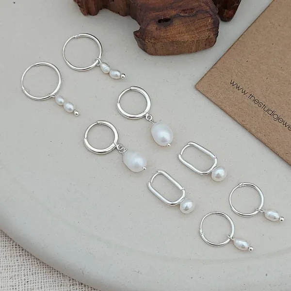 Studio Jewellery Hoop Earrings | Earrings-Classic Pearl Hoop Charm Earrings