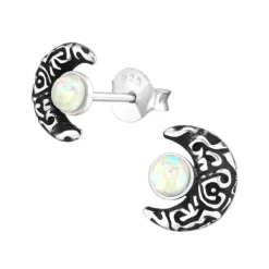 Studio Jewellery Stud Earrings | Earrings-Crescent Moon Faux Opal Silver Stud Earrings
