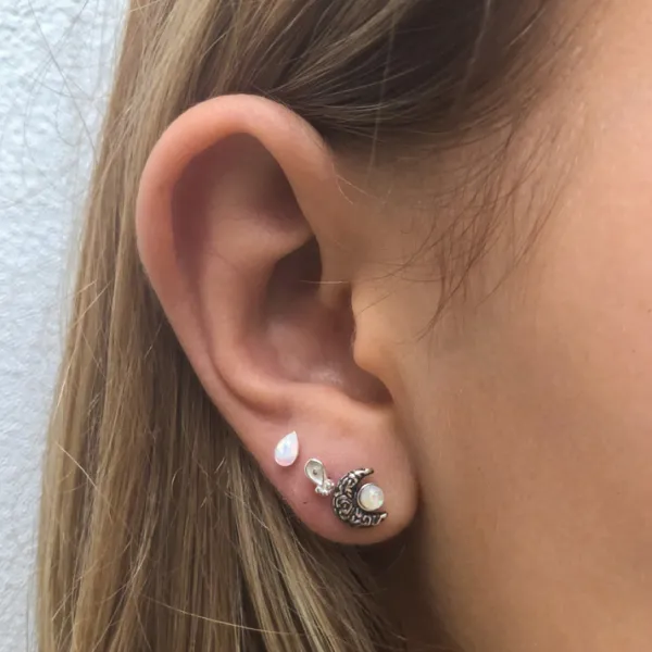 Studio Jewellery Stud Earrings | Earrings-Crescent Moon Faux Opal Silver Stud Earrings