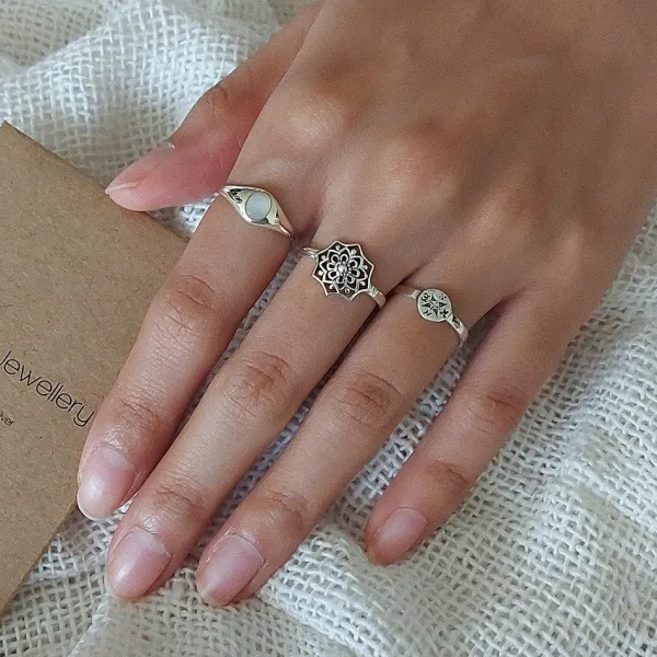 Studio Jewellery Rings-Floral Mandala Silver Ring