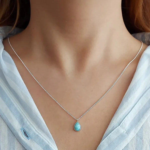 Studio Jewellery Necklaces-Larimar Fine Tear Drop Silver Necklace