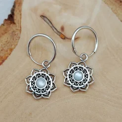 Studio Jewellery Earrings | Hoop Earrings-Mandala Flower Shell Silver Hoop Earring