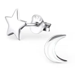 Studio Jewellery Stud Earrings | Earrings-Moon and Star Silver Stud Earrings
