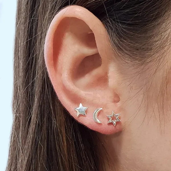 Studio Jewellery Stud Earrings | Earrings-Moon and Star Silver Stud Earrings