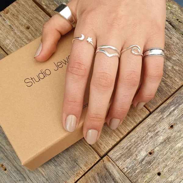Studio Jewellery Feature & Stacker Rings | Rings-Moon Star Adjustable Silver Ring