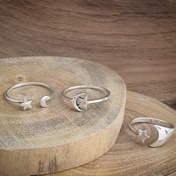 Studio Jewellery Feature & Stacker Rings | Rings-Moon Star Adjustable Silver Ring