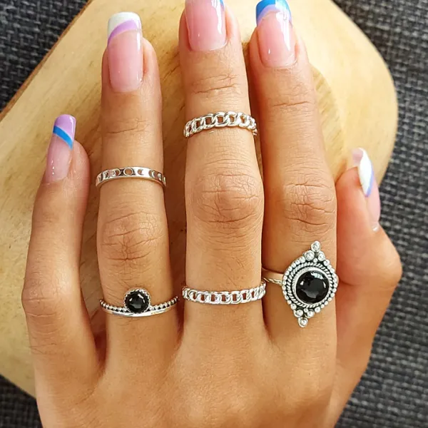 Studio Jewellery Gem Stone Rings | Rings-Onyx Circle Beaded Band Silver Ring