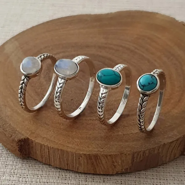 Studio Jewellery Rings | Gem Stone Rings-Oval Rope Band Moonstone Silver Ring
