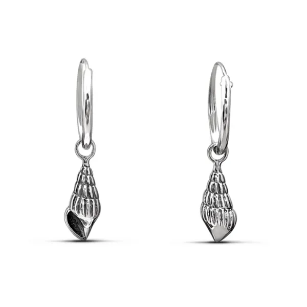 Studio Jewellery Hoop Earrings | Earrings-Patterned Cone Shell Silver Hoop Charm Earrings