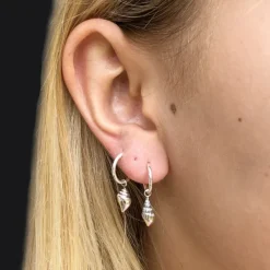 Studio Jewellery Hoop Earrings | Earrings-Patterned Cone Shell Silver Hoop Charm Earrings
