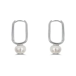 Studio Jewellery Hoop Earrings | Earrings-Pearl Oblong Silver Hoop Earrings