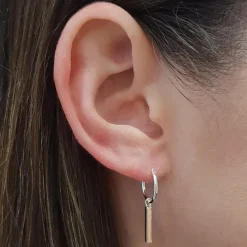 Studio Jewellery Hoop Earrings | Earrings-Slim Bar Tag Silver Hoop Earrings