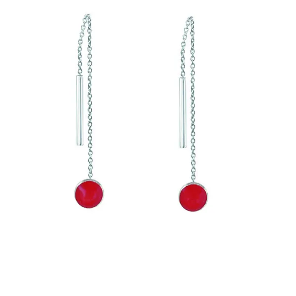 Studio Jewellery Earring Jackets And Threaders | Earrings-Small Red Disc and Bar Threader Silver Earrings