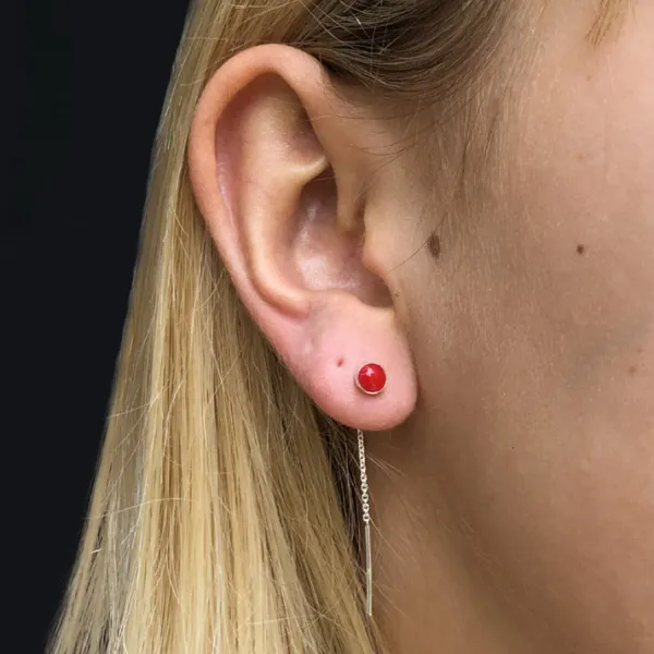 Studio Jewellery Earring Jackets And Threaders | Earrings-Small Red Disc and Bar Threader Silver Earrings