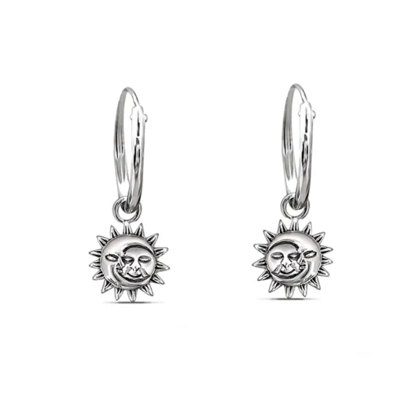 Studio Jewellery Hoop Earrings | Earrings-Smiling Sun Moon Silver Hoop Earrings