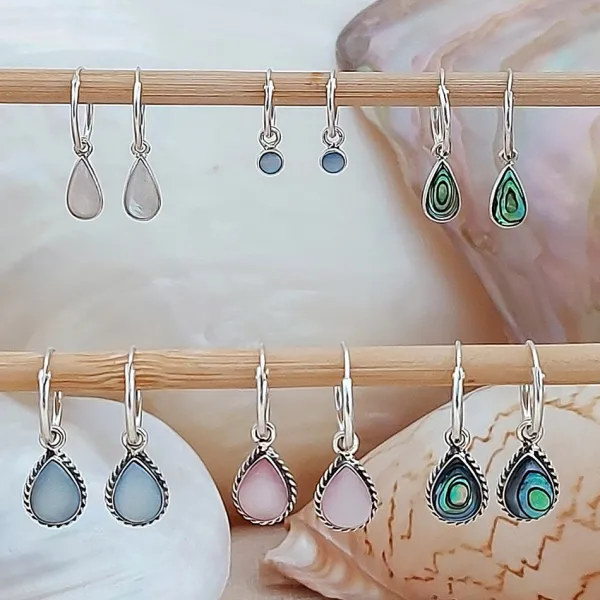 Studio Jewellery Hoop Earrings | Earrings-Tear Drop Abalone Hoop Charm Earrings