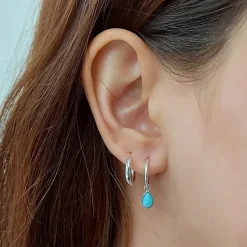 Studio Jewellery Hoop Earrings | Earrings-Tear Drop Larimar Silver Hoop Charm Earrings