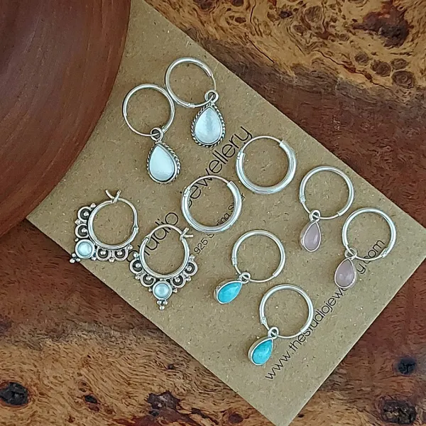 Studio Jewellery Hoop Earrings | Earrings-Tear Drop Larimar Silver Hoop Charm Earrings