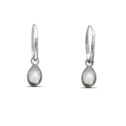 Studio Jewellery Hoop Earrings | Earrings-Tear Drop White Shell Silver Hoop Charm Earrings