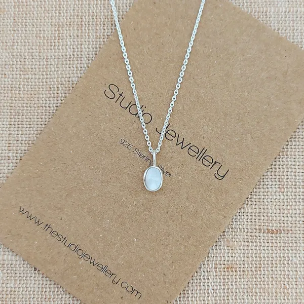 Studio Jewellery Necklaces-Tiny White Oval Shell Silver Necklace