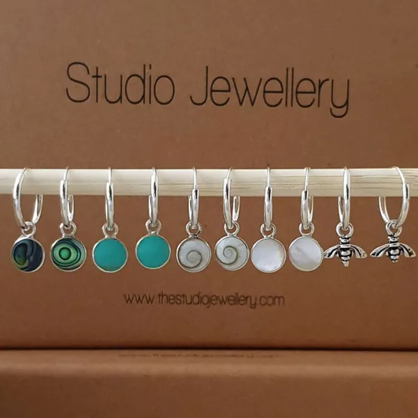Studio Jewellery Hoop Earrings | Earrings-Turquoise Disc Charm Silver Hoop Earrings