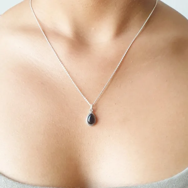 Studio Jewellery Necklaces-Water Drop Onyx Silver Necklace