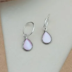 Studio Jewellery Earrings | Hoop Earrings-Water Drop Pink Shell Hoop Charm Earrings