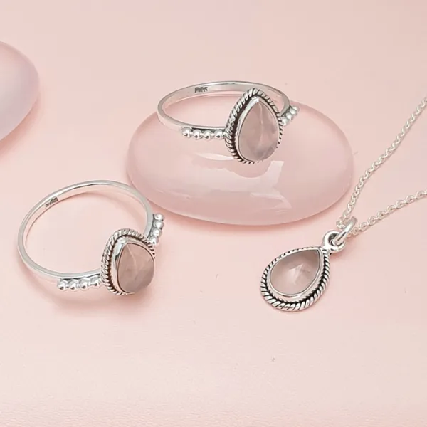 Studio Jewellery Necklaces-Water Drop Rose Quartz Silver Necklace