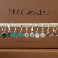 Studio Jewellery Hoop Earrings | Earrings-White Shells Disc Charm Silver Hoop Earrings