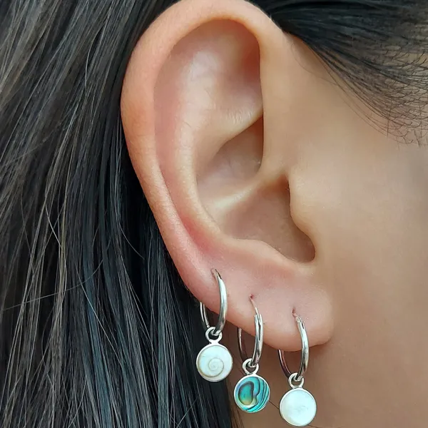 Studio Jewellery Hoop Earrings | Earrings-White Shells Disc Charm Silver Hoop Earrings